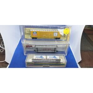 3) N scale freight cars- all mint- never played with- Union Pacific & more